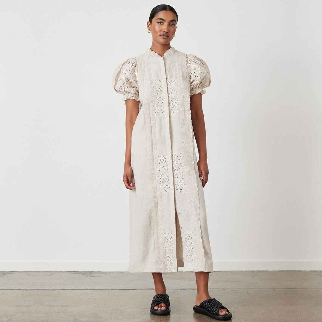 EMILIA LINEN COTTON BROIDERIE MIDI SHIRT DRESS