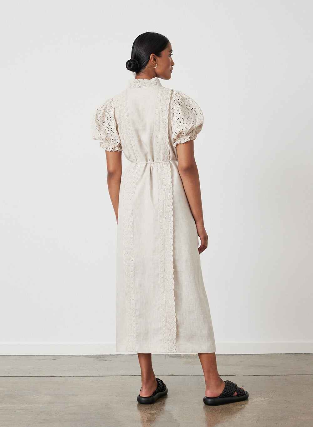 EMILIA LINEN COTTON BROIDERIE MIDI SHIRT DRESS