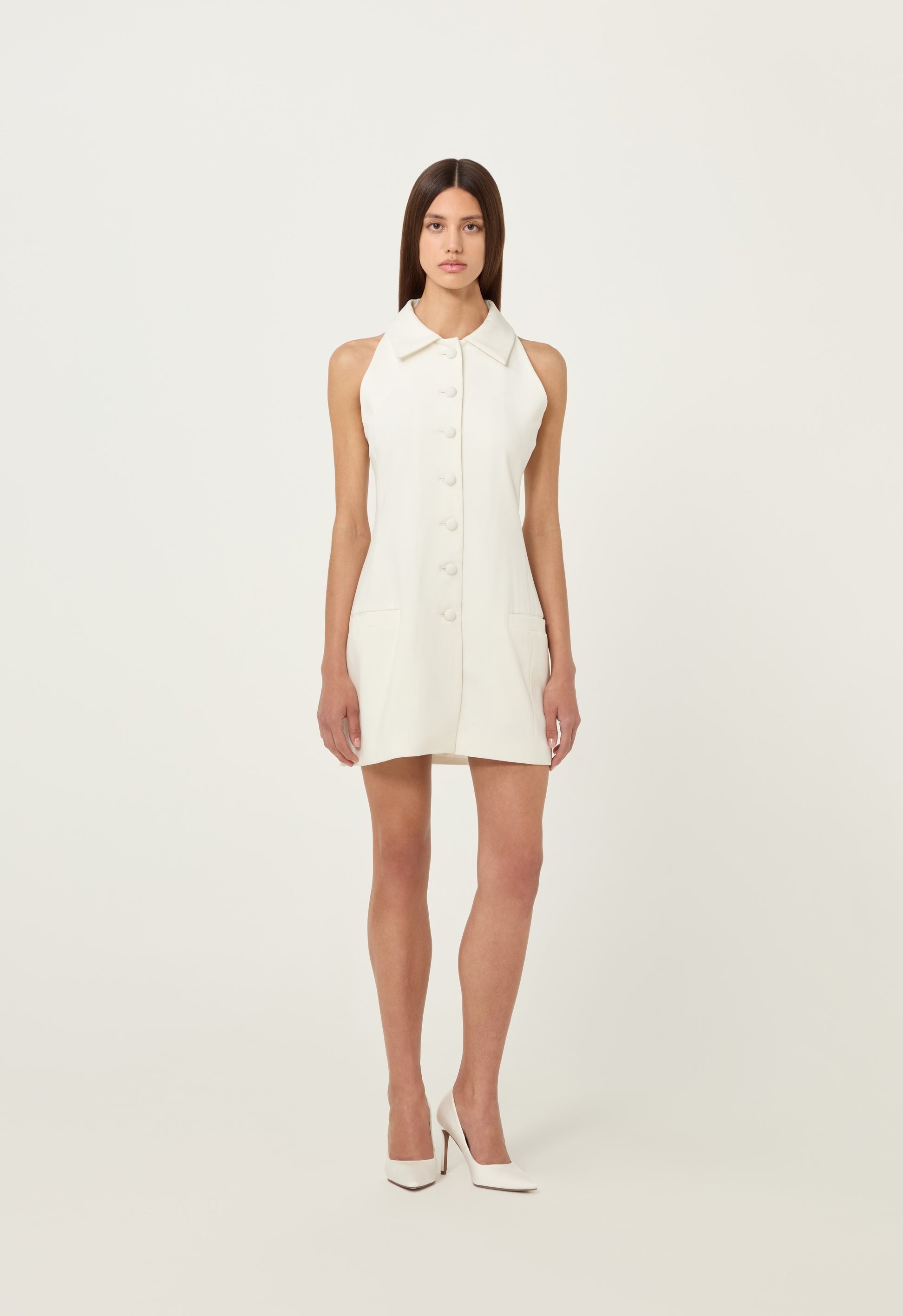 Twill Vest Mini Button Dress in White